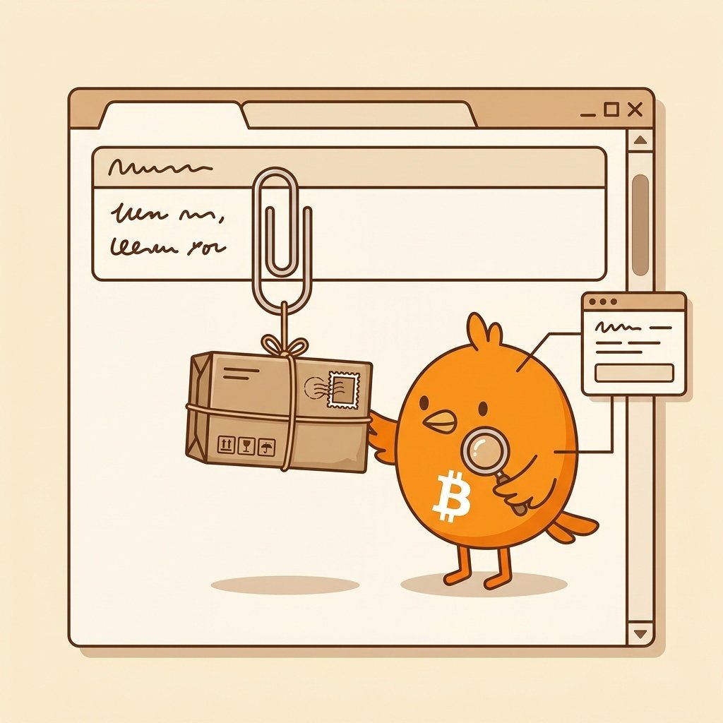Ilustración de una ventana de foro con un archivo adjunto colgado, representando cómo se publicó la primera versión del software de Bitcoin.