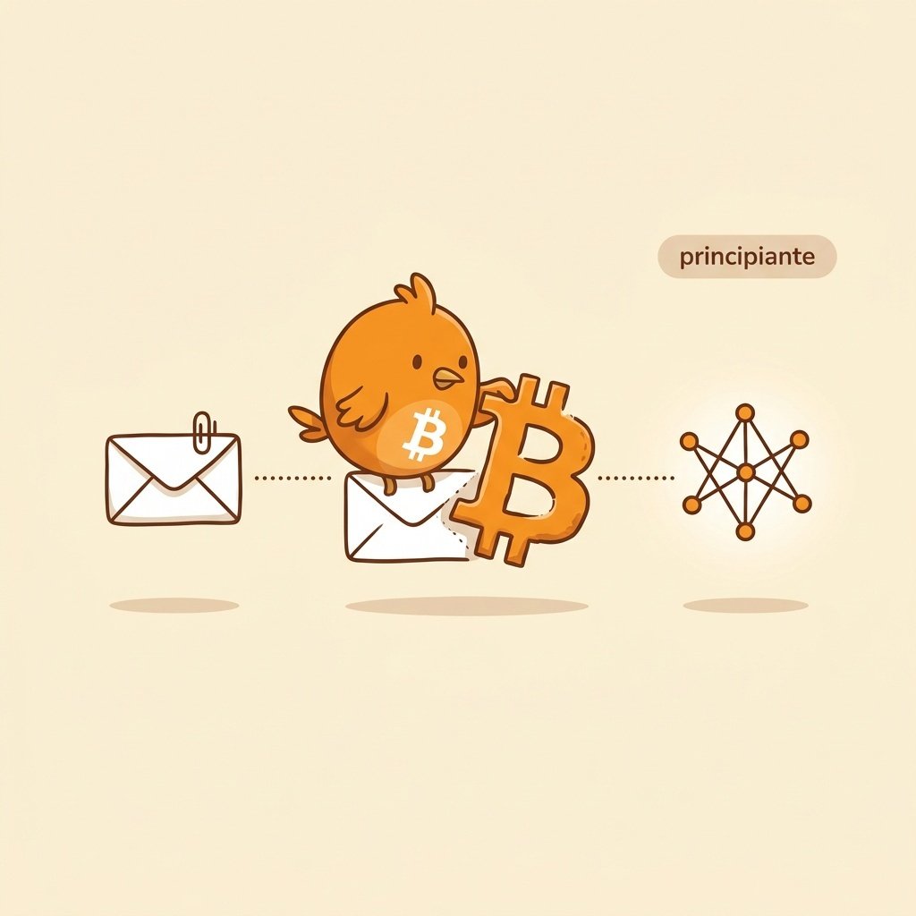 Ilustración de un sobre de correo con un archivo adjunto y un símbolo de Bitcoin, mostrando cómo la red empezó de forma modesta en foros y listas de correo.
