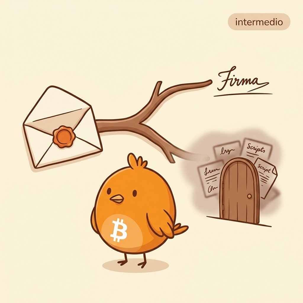 Ilustración didáctica de Taproot: un sobre con sello naranja y dos caminos, uno visible con una firma y otro con scripts ocultos.
