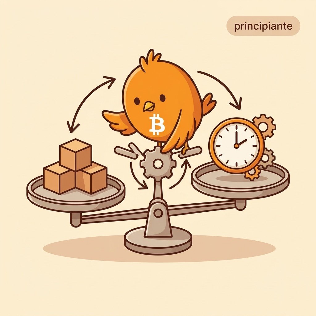 Ilustración de una balanza que equilibra bloques y un reloj, representando el ajuste automático de dificultad de Bitcoin