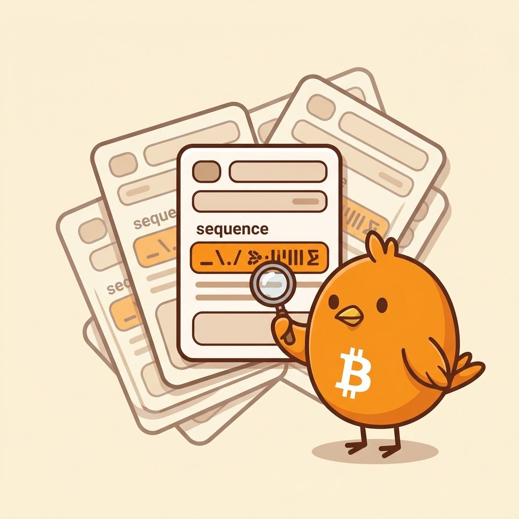 Ilustración didáctica de una transacción de Bitcoin con el campo sequence destacado, mostrando cómo puede ser reemplazada por una versión más reciente.