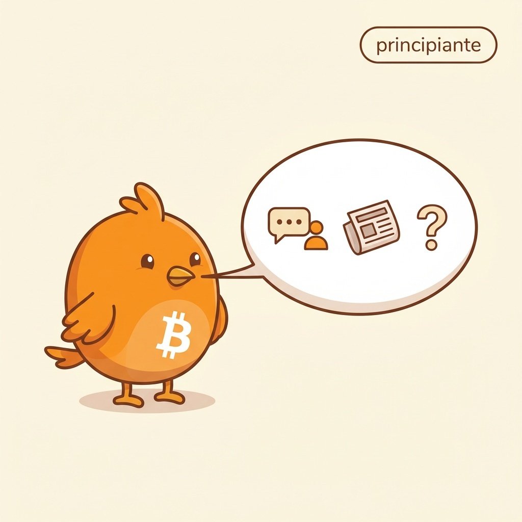 Ilustración de un pajarito naranja pensando en la primera vez que oyó hablar de Bitcoin, con iconos sencillos de conversación y un signo de interrogación.