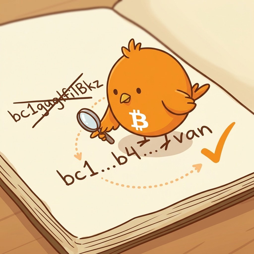 Ilustración de una dirección de Bitcoin moderna escrita a mano con un símbolo de verificación naranja que la valida
