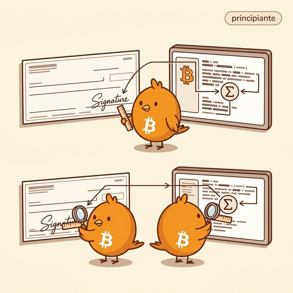 Ilustración que compara una firma manuscrita en un cheque con una firma digital de Bitcoin, mostrando que la firma digital solo sirve para una transacción concreta.