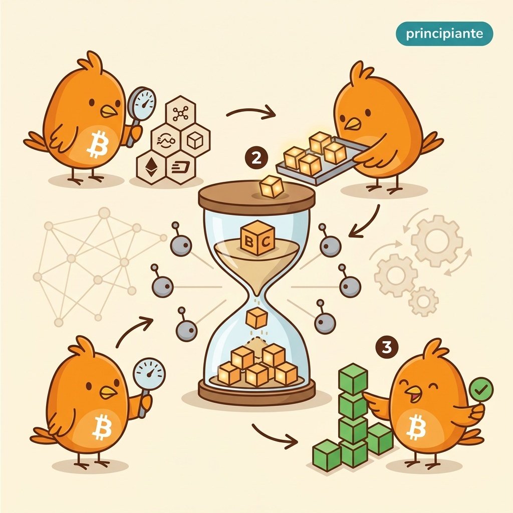 Ilustración de un reloj de arena con un bloque de Bitcoin cayendo lentamente mientras pequeños nodos observan el proceso de verificación