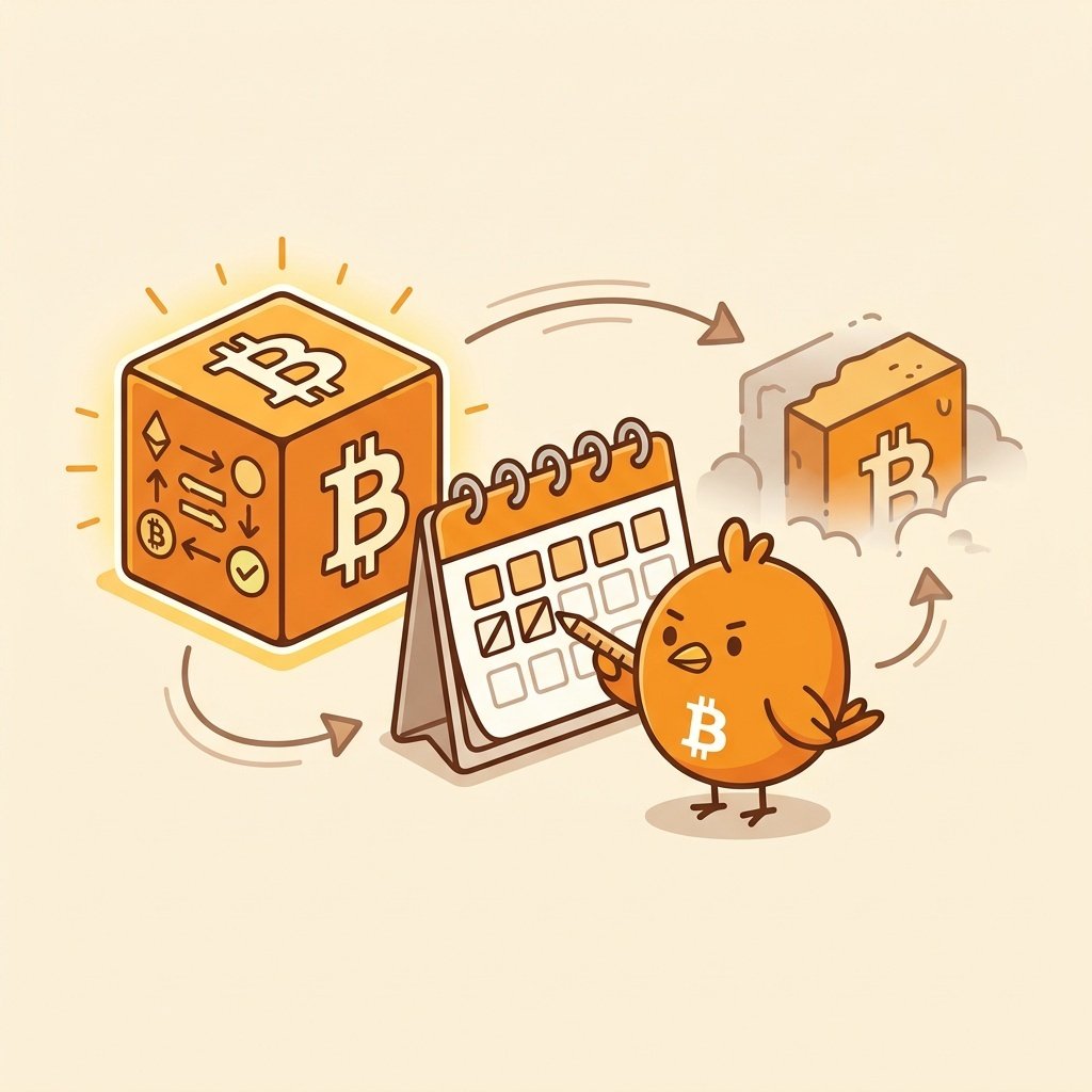 Dos bloques de Bitcoin separados por seis días en un calendario, ilustrando el tiempo entre el bloque génesis y el segundo bloque.