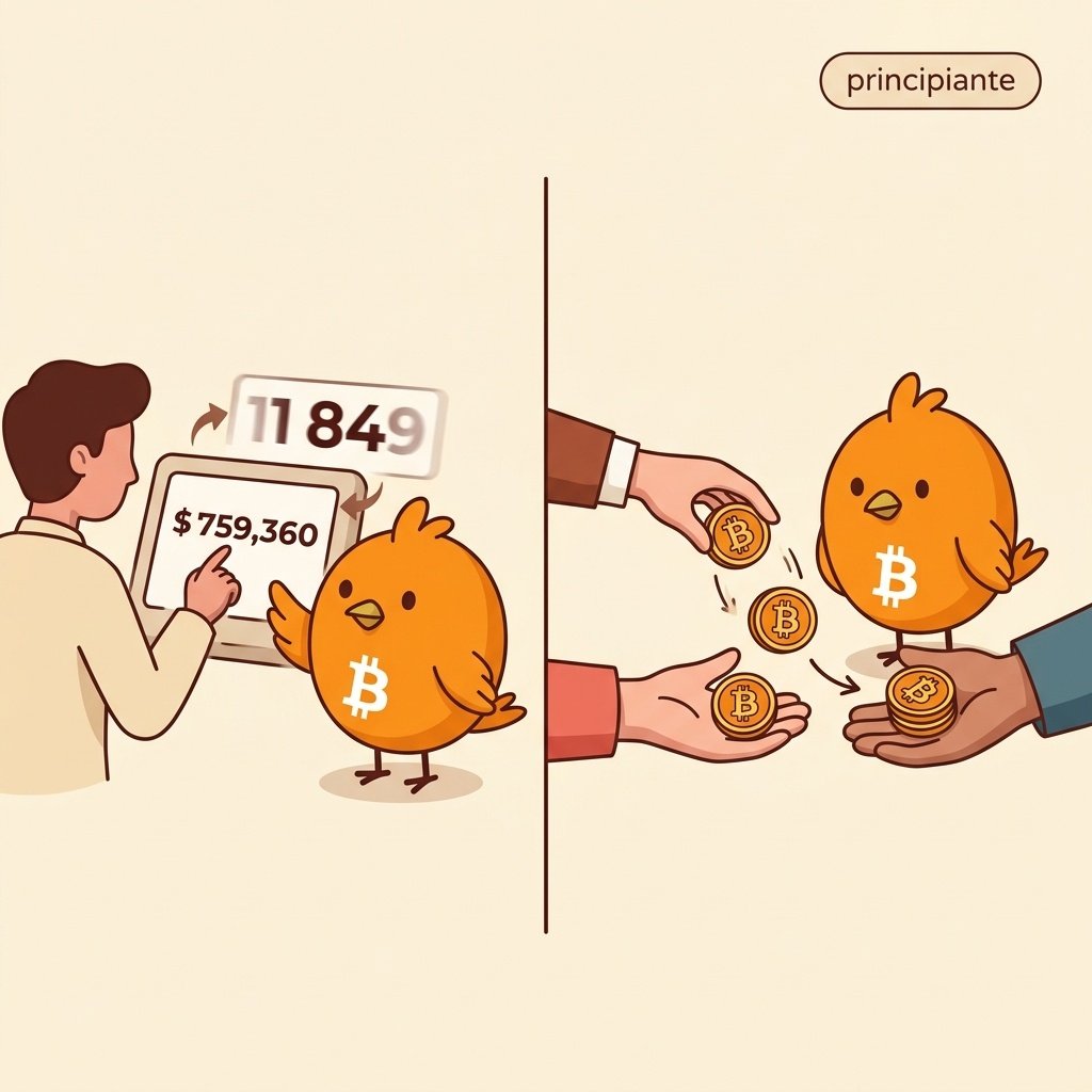 Ilustración que compara una cuenta bancaria con saldo y Bitcoin donde las monedas se mueven sin contador central