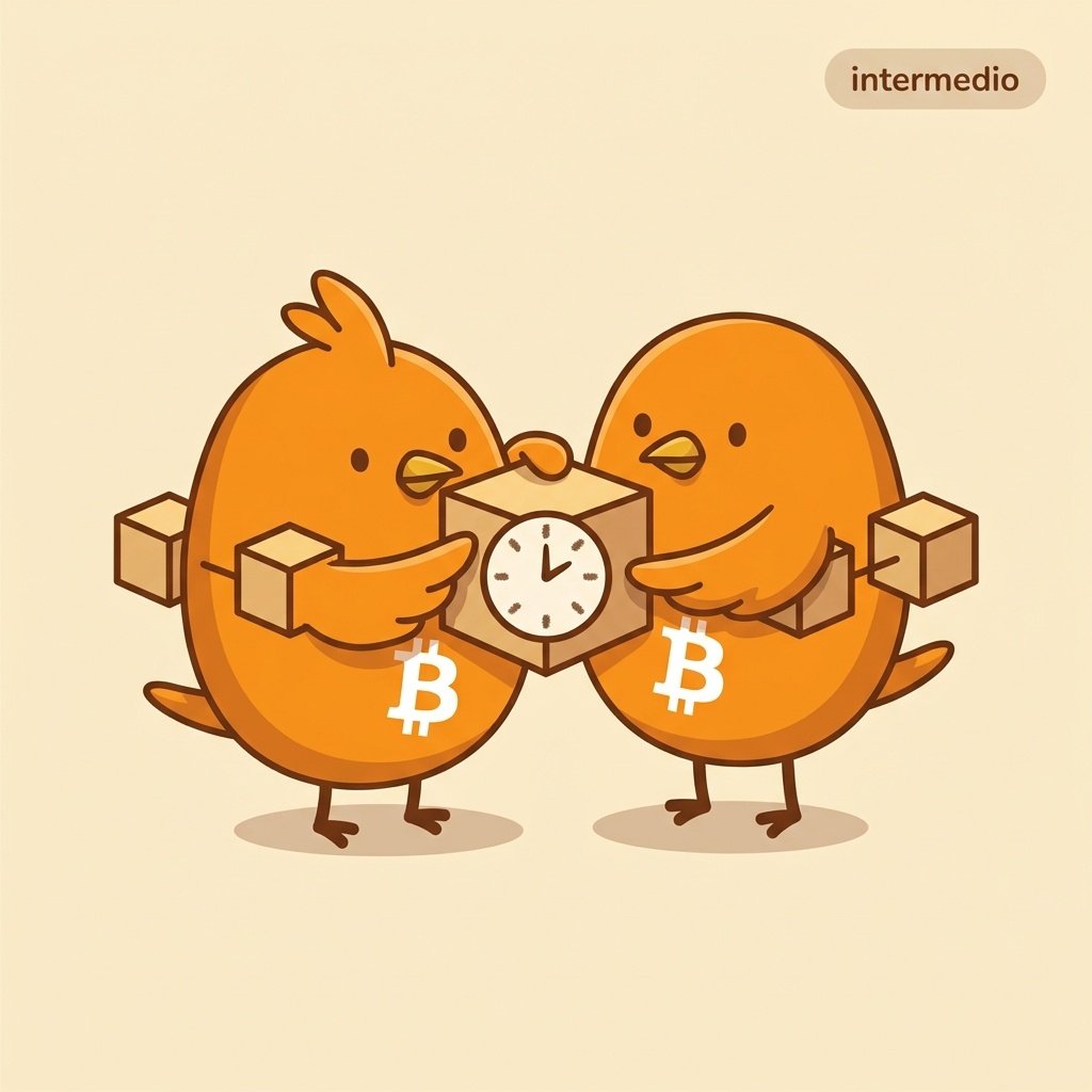 Ilustración de un bloque de Bitcoin con un reloj analógico estilizado dentro, rodeado de bloques encadenados, en paleta naranja cálido sobre fondo claro.