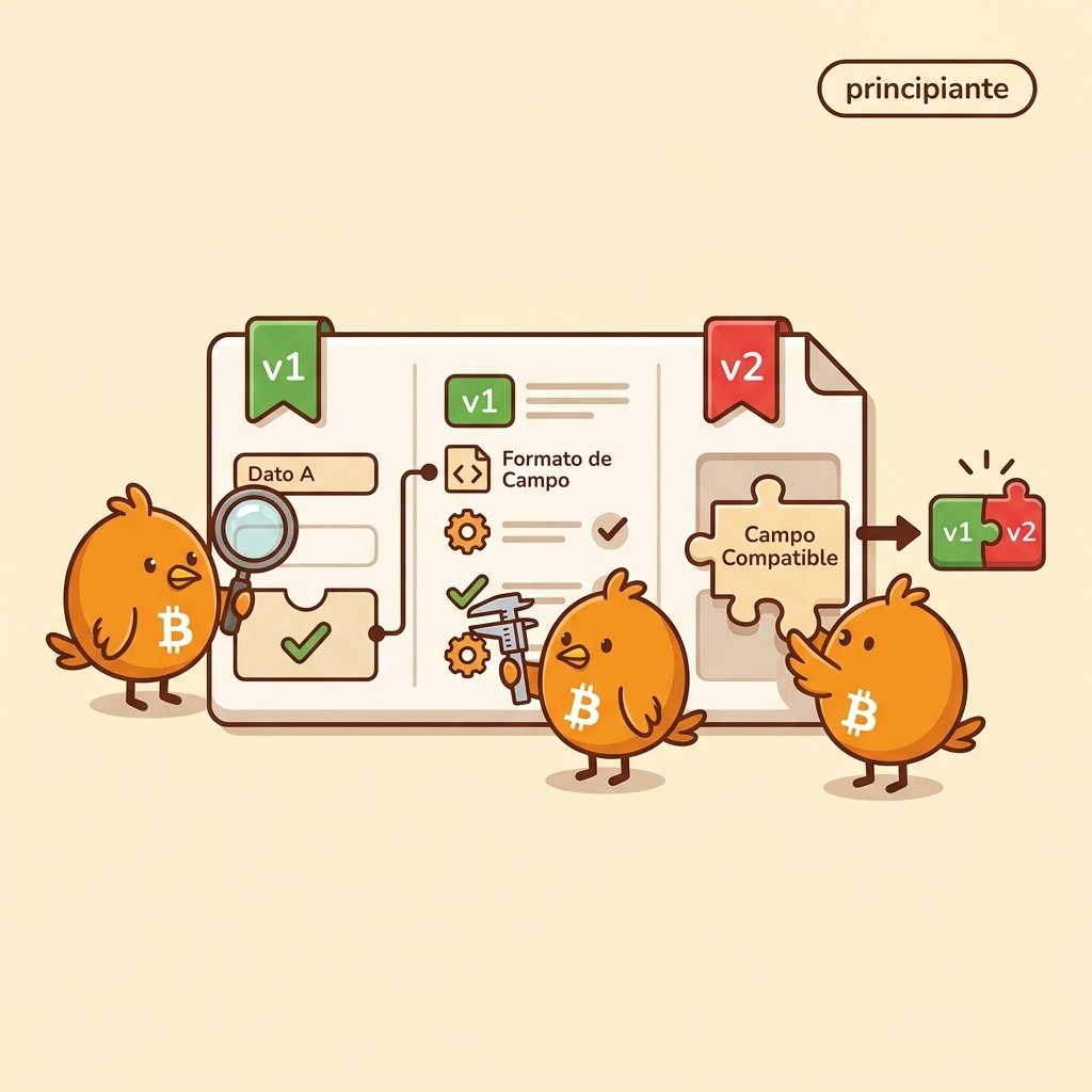 Ilustración de un documento con etiquetas de versión que muestra cómo Bitcoin evoluce sin romper lo anterior
