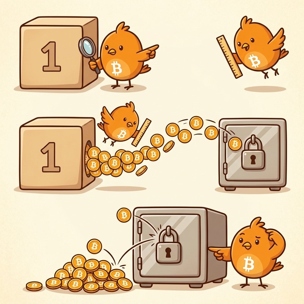 Ilustración del bloque génesis de Bitcoin con 50 monedas que no pueden entrar en una caja fuerte cerrada, representando que esa recompensa nunca se podrá gastar.