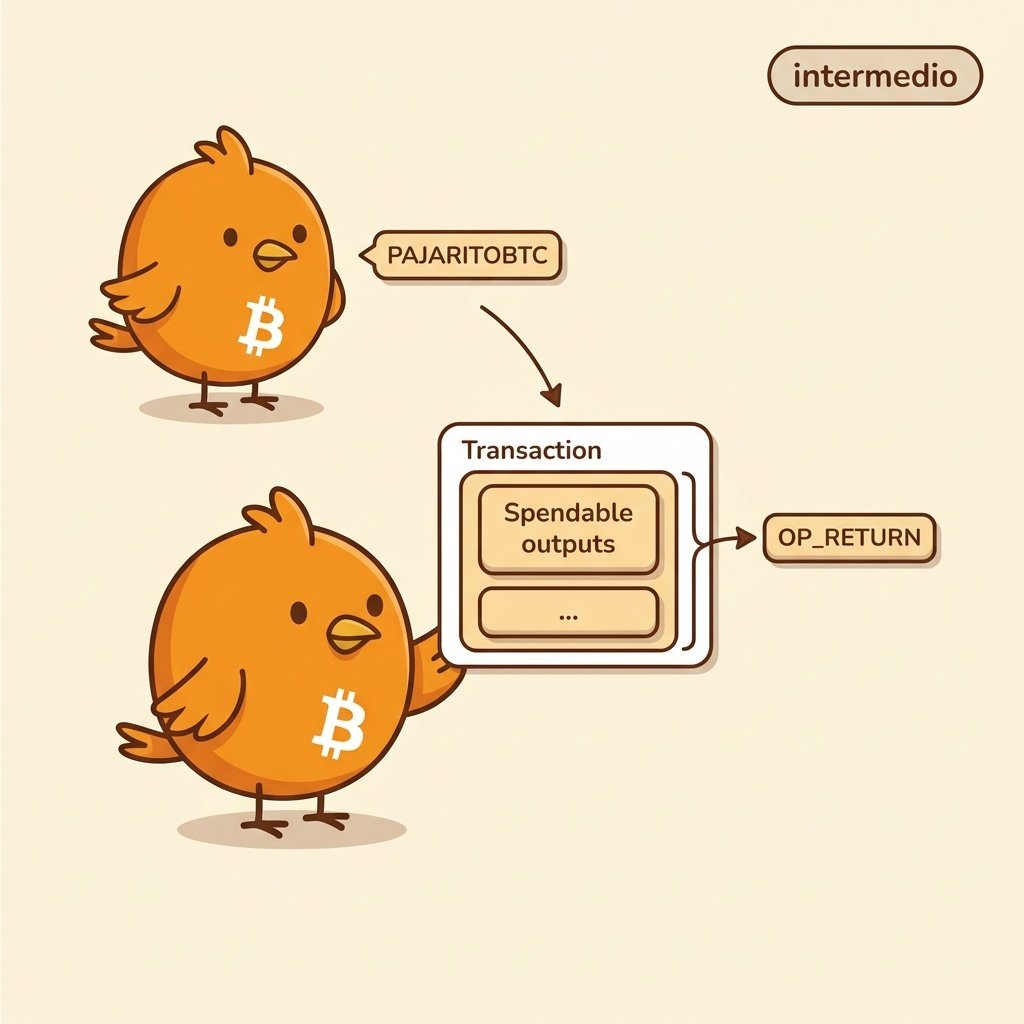 Ilustración vectorial que muestra cómo OP_RETURN permite incluir datos en una transacción de Bitcoin sin crear salidas gastables, manteniendo limpio el conjunto UTXO