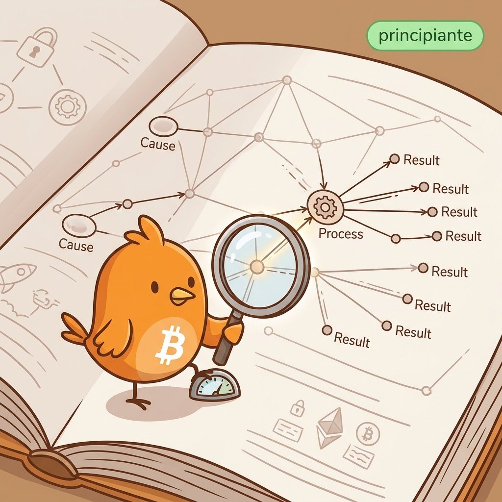 Ilustración de un libro abierto con transacciones conectadas formando un grafo público, examinado con una lupa, sobre fondo claro con tonos naranja cálido