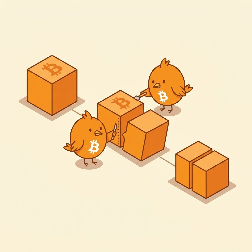 Ilustración didáctica del primer halving de Bitcoin en 2012: un bloque se divide de 50 a 25 BTC sobre una línea de tiempo, en estilo vectorial naranja sobre fondo claro.