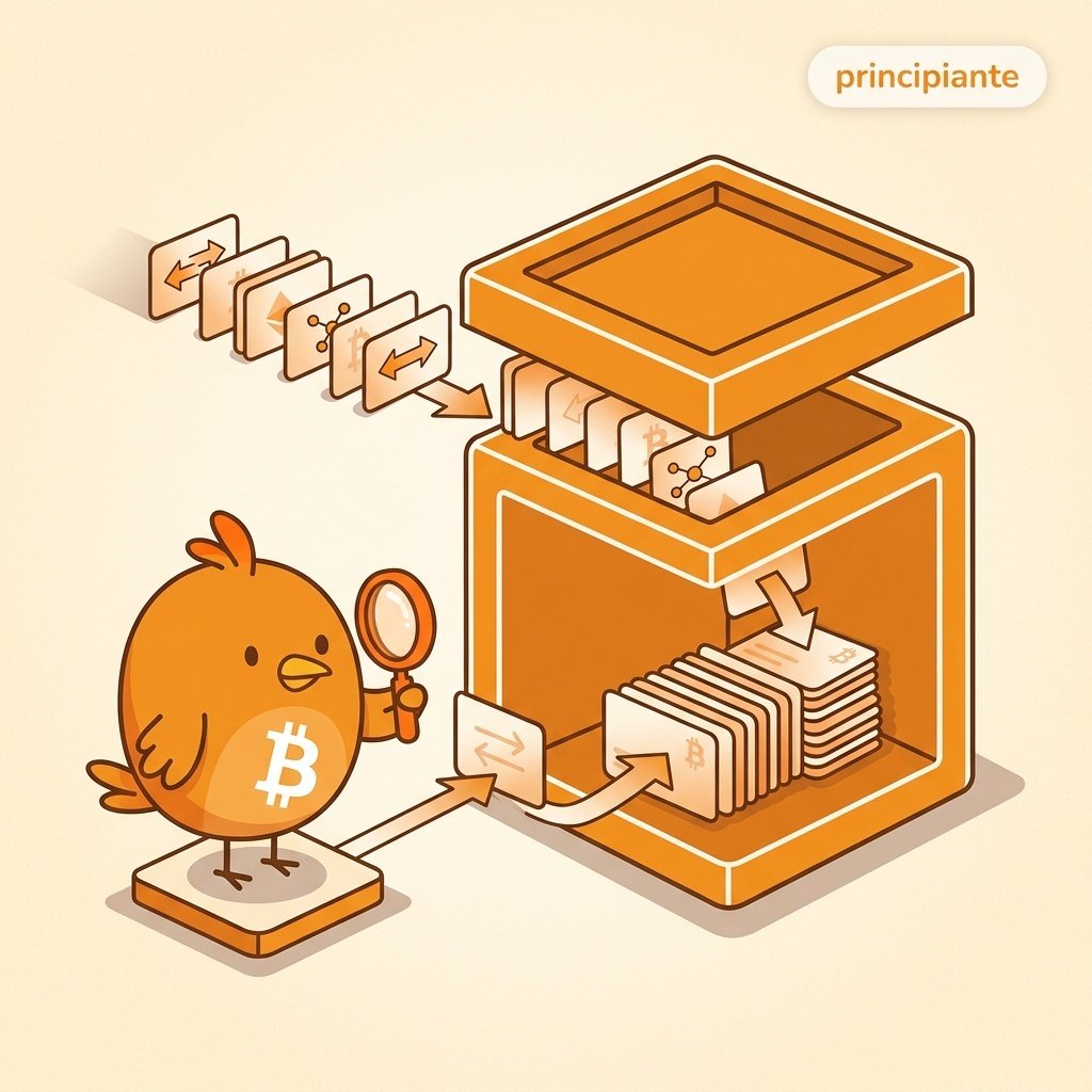Ilustración de un bloque de Bitcoin con un límite de tamaño visible y un ordenador modesto verificándolo