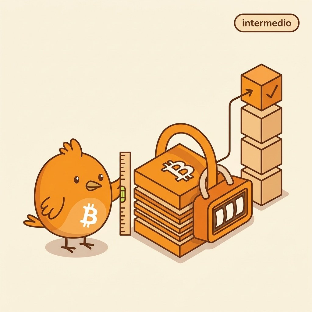 Ilustración de un candado naranja sobre un bloque de Bitcoin con un contador que indica un bloque futuro, representando el campo locktime