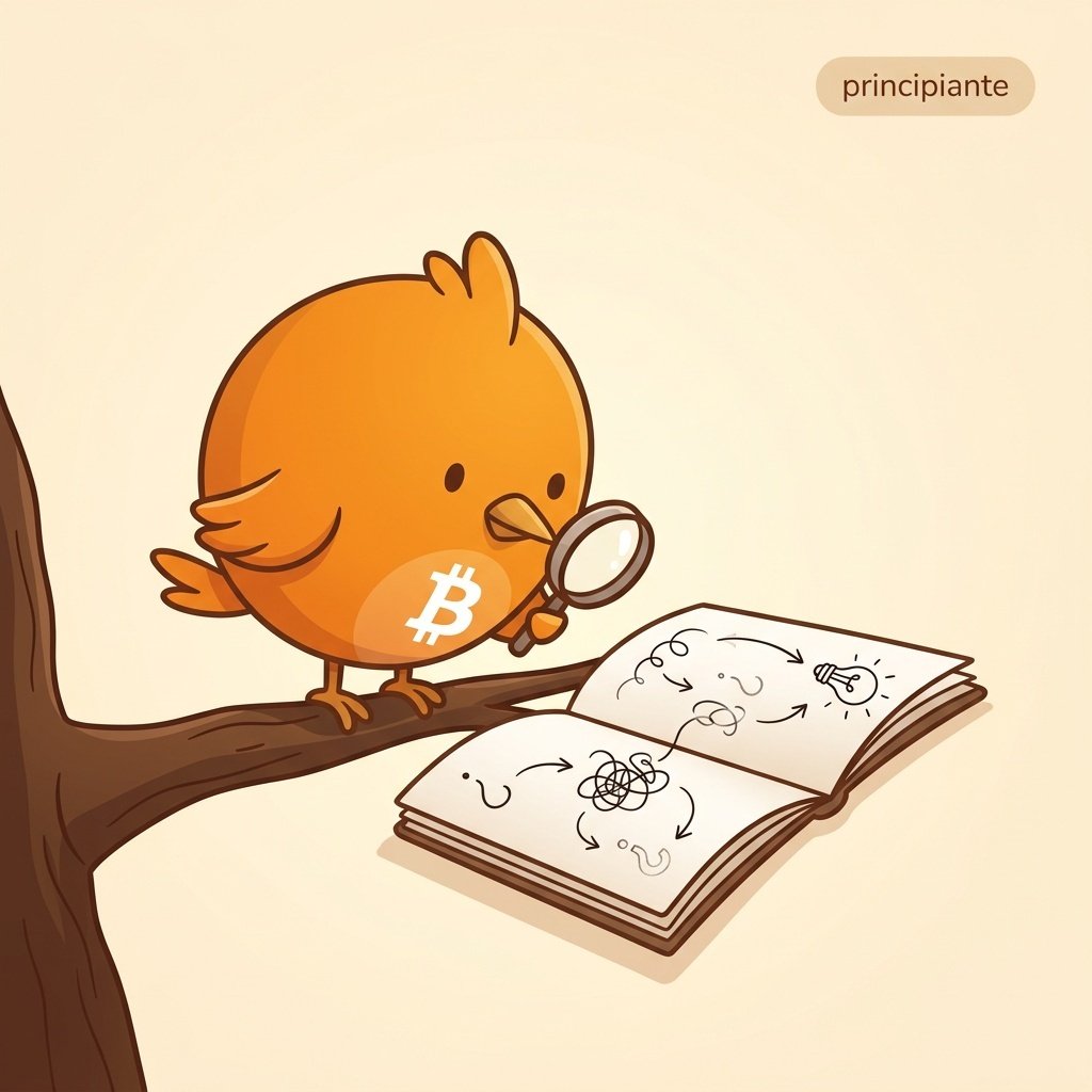 Ilustración de un pajarito naranja sobre una rama junto a un cuaderno abierto con signos de interrogación, en tono sereno y didáctico