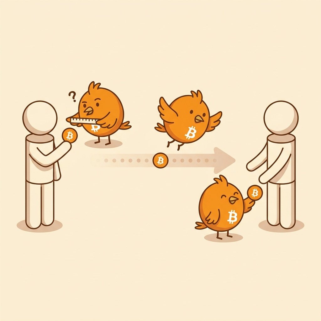 Ilustración de dos figuras humanas simples intercambiando una moneda con el símbolo de Bitcoin, en tono naranja cálido sobre fondo claro.
