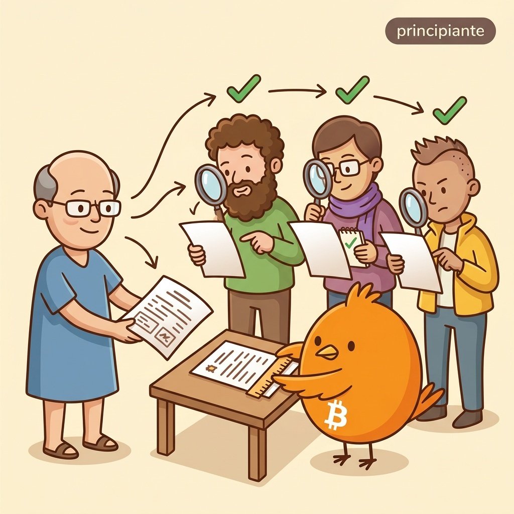 Ilustración que muestra cómo el creador de Bitcoin no tiene control especial sobre la red, porque los nodos verifican las reglas de forma independiente
