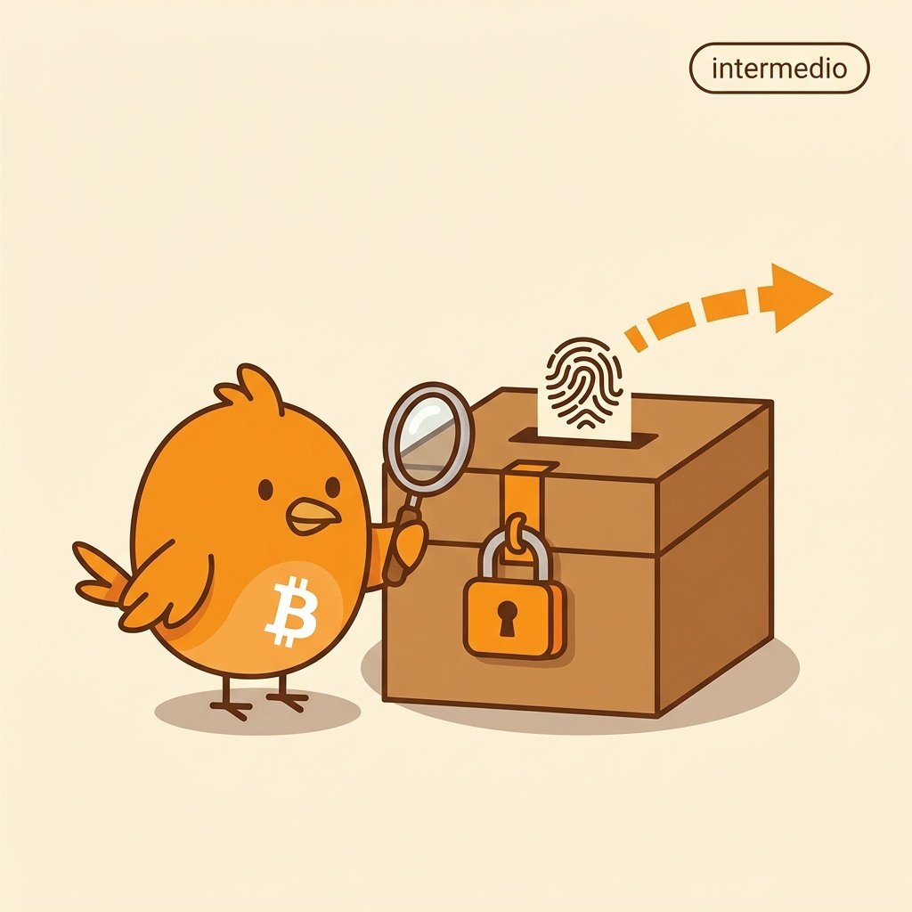 Ilustración didáctica de una caja cerrada con candado naranja que representa un script oculto, conectada mediante una flecha a una dirección simple de Bitcoin, simbolizando el mecanismo P2SH.
