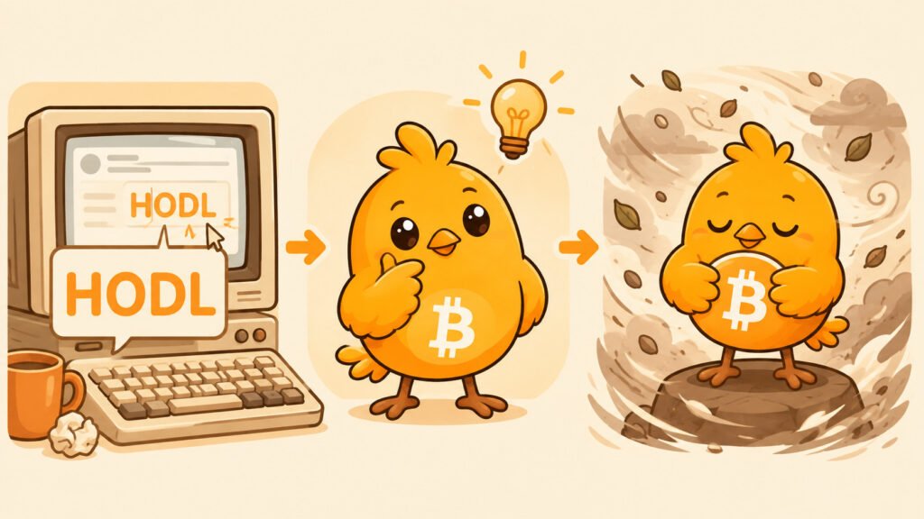 Ilustración de un teclado con la palabra HODL en la pantalla, simbolizando el origen del mantra de la cultura Bitcoin
