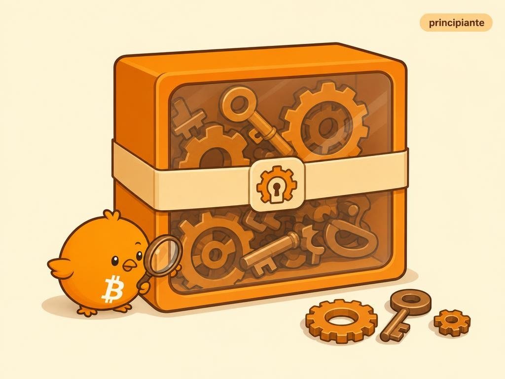 Ilustración de una caja naranja que empaqueta elementos complejos en su interior, mostrando cómo Bitcoin esconde la complejidad detrás de una interfaz simple