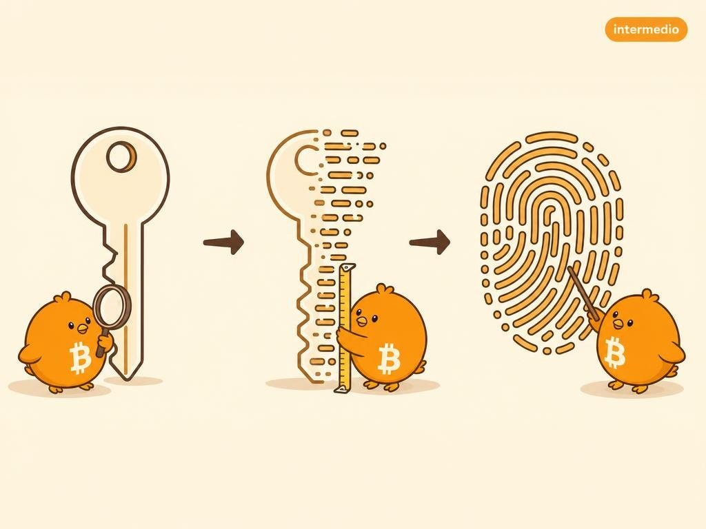 Ilustración de una llave transformándose en una huella, representando firmas sin clave pública
