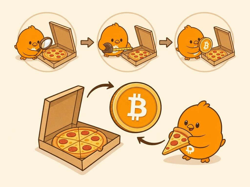 Ilustración de una caja de pizza estilizada junto al símbolo de Bitcoin, conmemorando la primera compra física registrada con la criptomoneda.