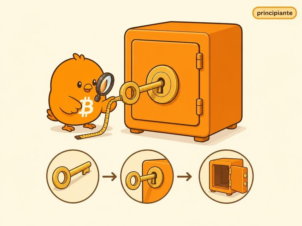Ilustración de una caja fuerte naranja con una llave dorada, representando la clave privada de Bitcoin