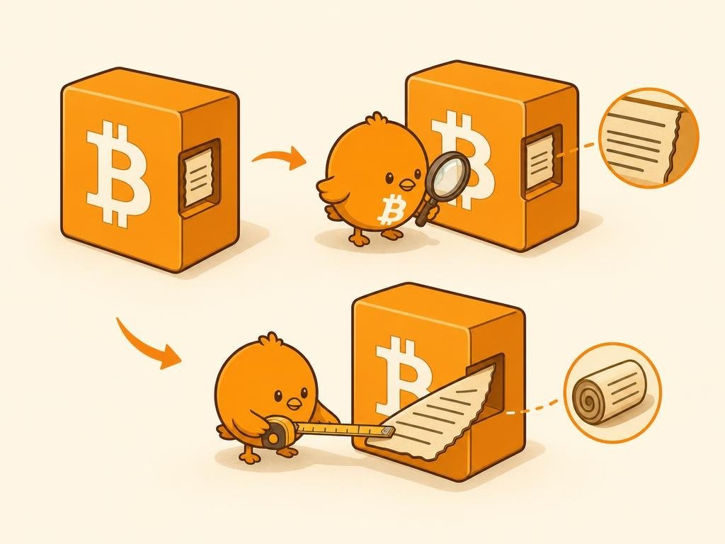 Ilustración de un bloque de Bitcoin con un mensaje tipo titular de periódico escondido dentro, en estilo vectorial naranja sobre fondo claro.