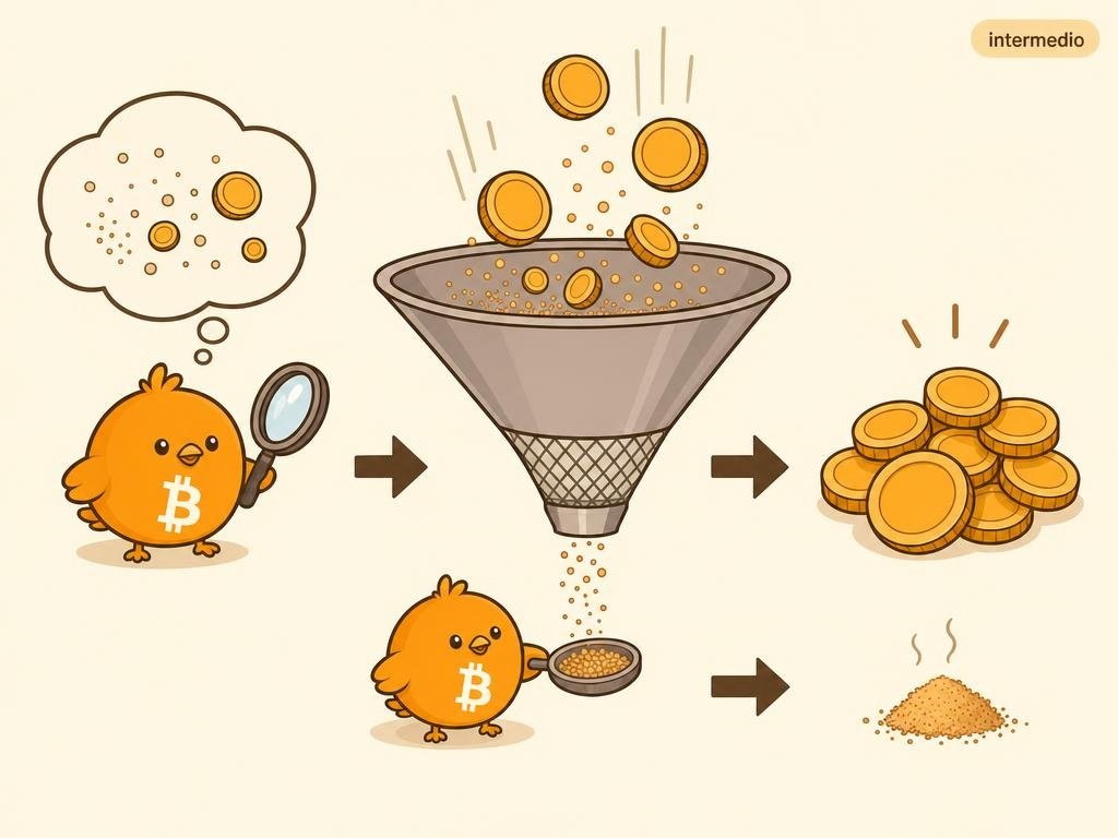 Ilustración vectorial de un filtro que separa monedas pequeñas de monedas normales, representando el dust limit de Bitcoin