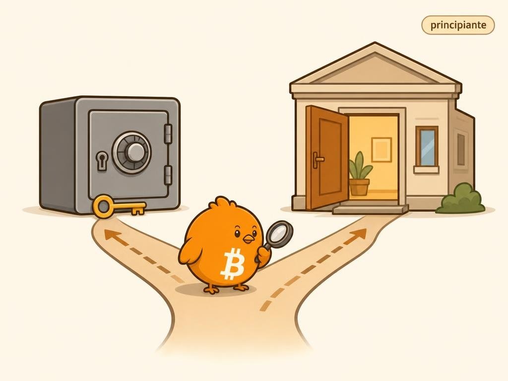 Ilustración con dos caminos: una caja fuerte con llave y un edificio con puerta, representando la elección entre custodia propia y terceros en Bitcoin.