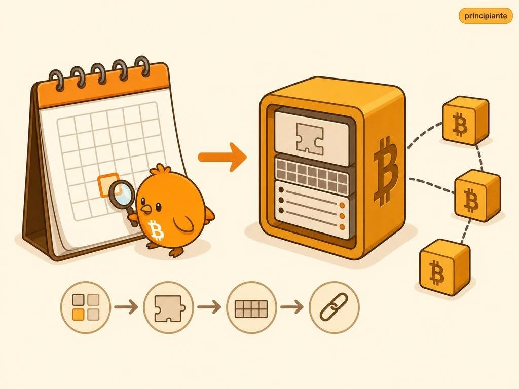 Ilustración de un calendario que muestra la fecha 3 de enero de 2009 junto a un bloque de Bitcoin con una marca de tiempo, simbolizando el inicio de la cadena de bloques.