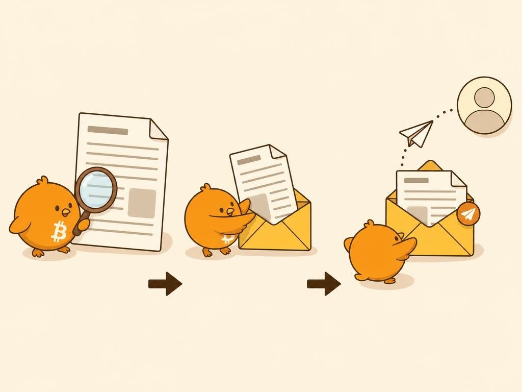 Ilustración de una hoja con texto y un sobre representando el whitepaper de Bitcoin enviado por correo