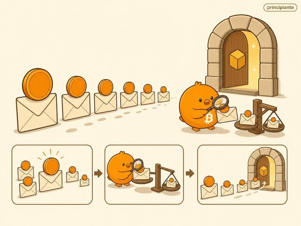 Ilustración vectorial de sobres en cola con monedas naranjas que indican el fee; los de mayor propina avanzan primero hacia un bloque.