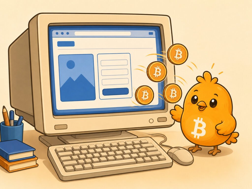 Ilustración de un ordenador antiguo mostrando una página de registro de los primeros días de Bitcoin, con cinco monedas de bitcoin saliendo como regalo de bienvenida.