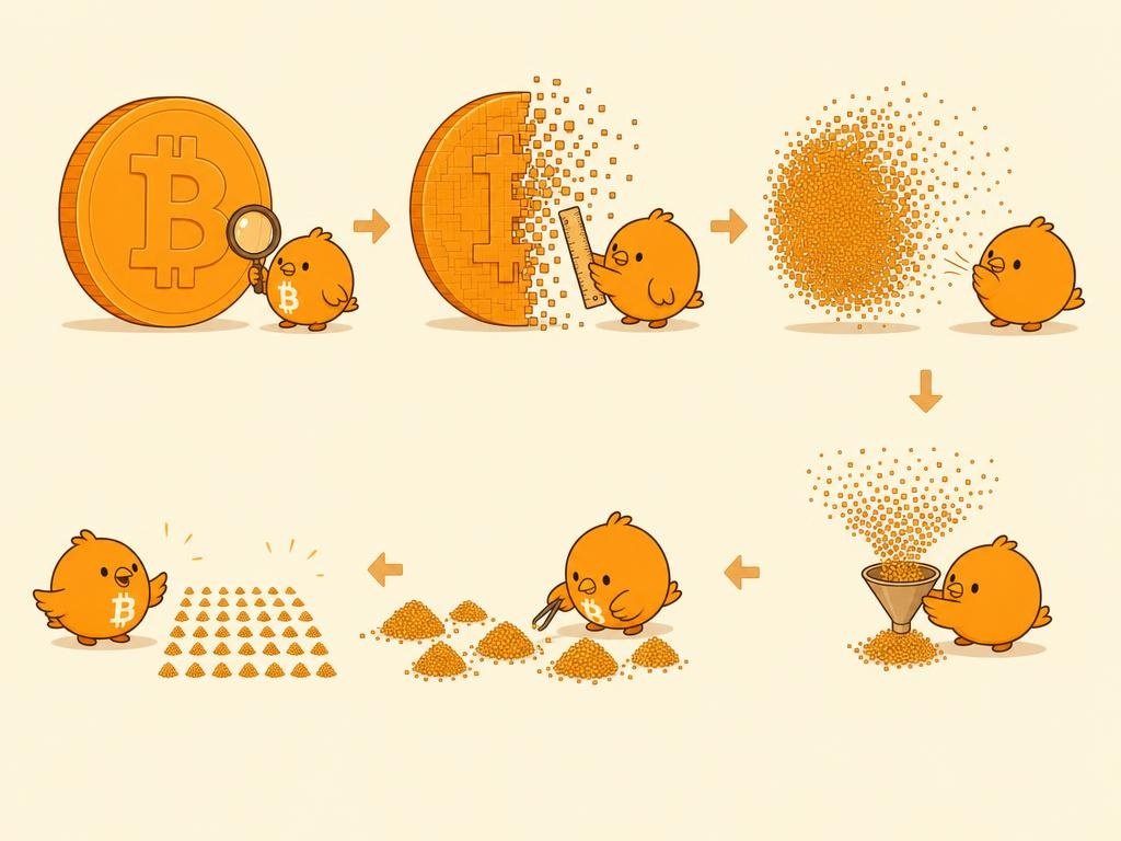 Ilustración de un bitcoin naranja dividido en cien millones de satoshis