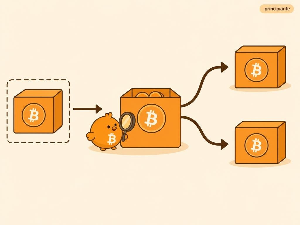 Diagrama simple en naranja sobre fondo claro que muestra cómo una transacción de Bitcoin divide una salida en un pago y una dirección de cambio