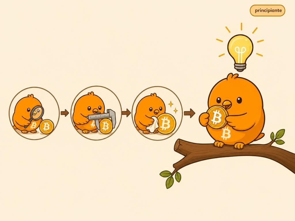 Pájaro naranja sobre una rama mirando una moneda de Bitcoin con una bombilla encendida encima, ilustración vectorial de tono didáctico.