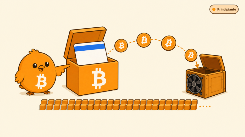 Pajarito explica una transacción coinbase dentro de un bloque de Bitcoin y muestra que sus fondos deben esperar 100 bloques antes de gastarse.