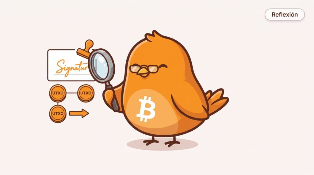 Pajarito explica que un pago de Bitcoin necesita una firma que autorice el gasto y fondos previos disponibles.