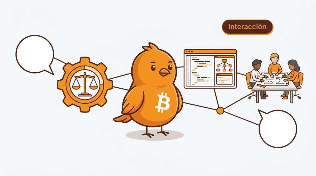 Pajarito conecta reglas, software y personas en una red equilibrada para ilustrar cómo Bitcoin distribuye la confianza.
