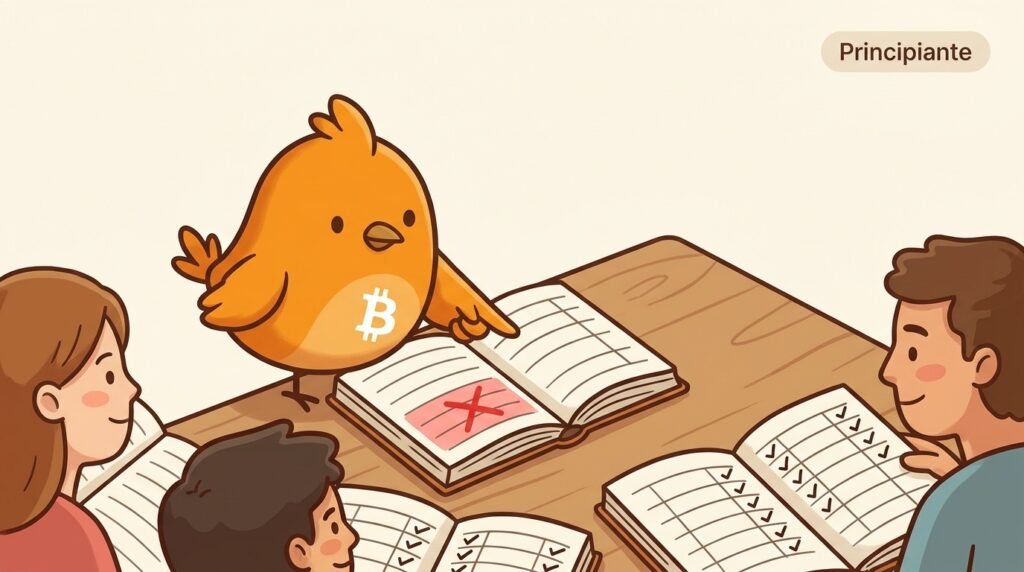 Pajarito ayuda a comparar varias copias de un libro de cuentas para mostrar cómo los nodos de Bitcoin verifican el mismo historial.