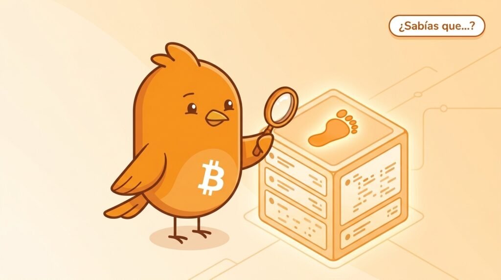 Ilustración de Pajarito mostrando cómo varias transacciones de Bitcoin se agrupan en un árbol hasta formar una única raíz de Merkle que permite verificar una transacción.