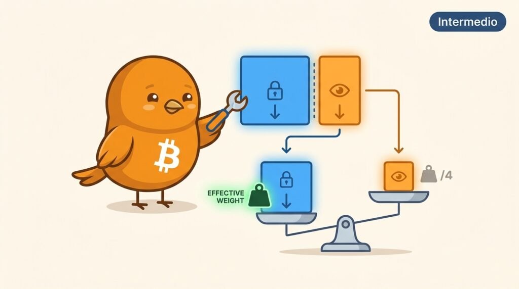Ilustración vectorial de Pajarito separando una transacción de Bitcoin entre datos principales y datos de testigo, con un bloque al fondo y una balanza que representa el peso efectivo.