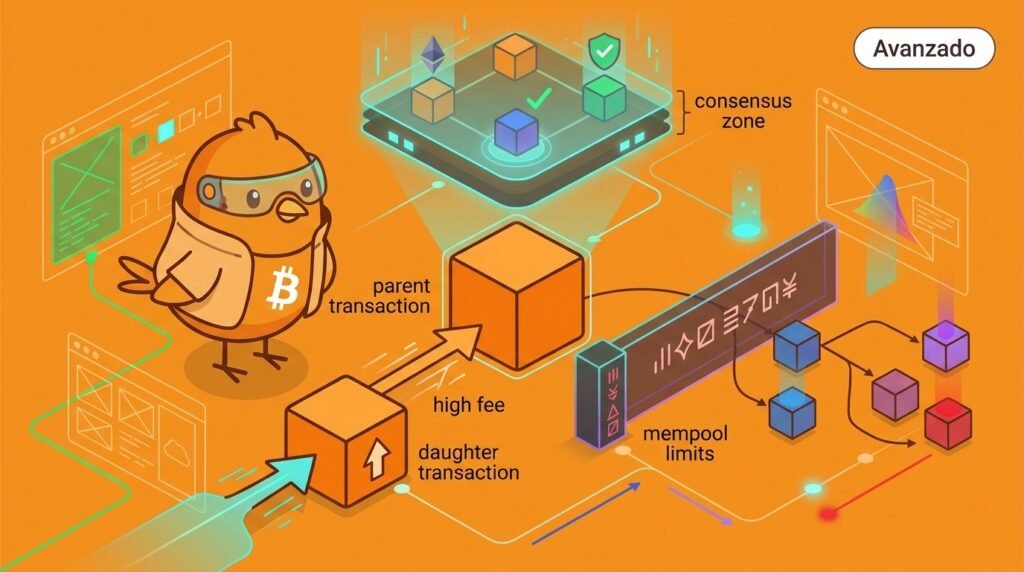 Ilustración vectorial limpia de Pajarito explicando transaction pinning: una transacción padre, su hija con comisión alta y una transacción conflictiva aparecen dentro de un grafo de mempool separado de la zona de consenso y de un minero que evalúa el paquete combinado.