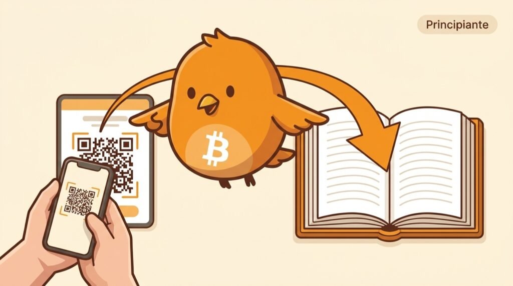 Pajarito ayuda a escanear un código QR de Bitcoin; una flecha conecta el código con un registro distribuido para mostrar que el QR guía el pago, pero no contiene las monedas.