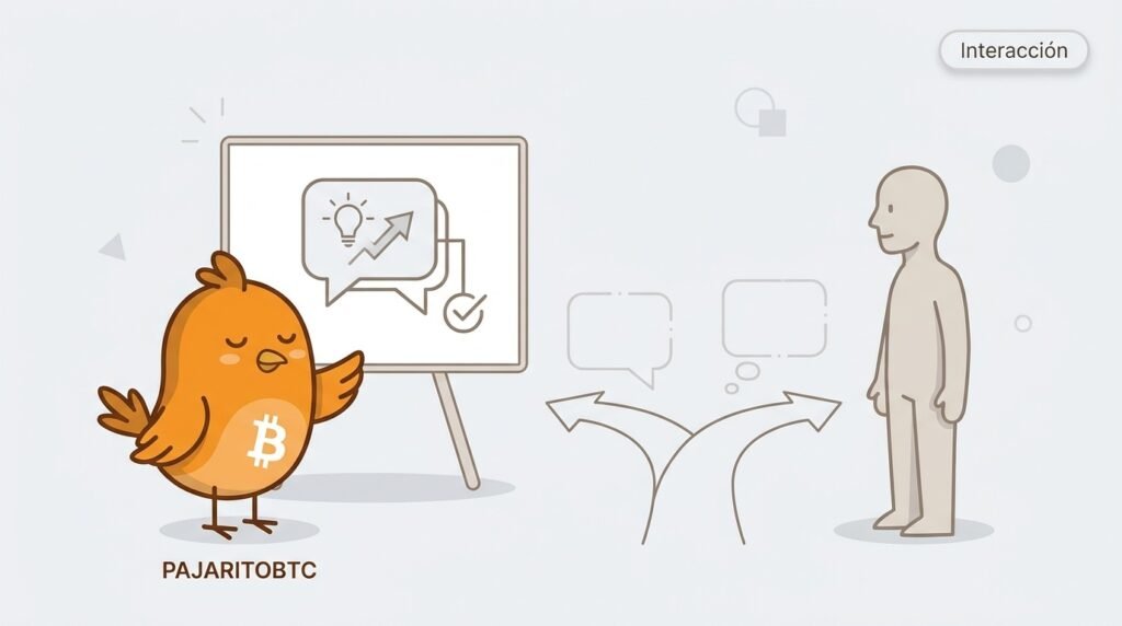 Pajarito conversa con otra persona frente a una pizarra sencilla, representando el momento en que una idea de Bitcoin empieza a comprenderse y puede explicarse.