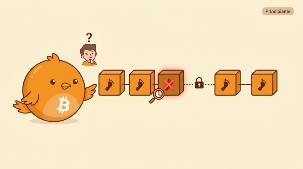 Pajarito muestra cómo cada bloque de Bitcoin contiene una huella del bloque anterior y cómo un cambio se vuelve detectable en los bloques siguientes.