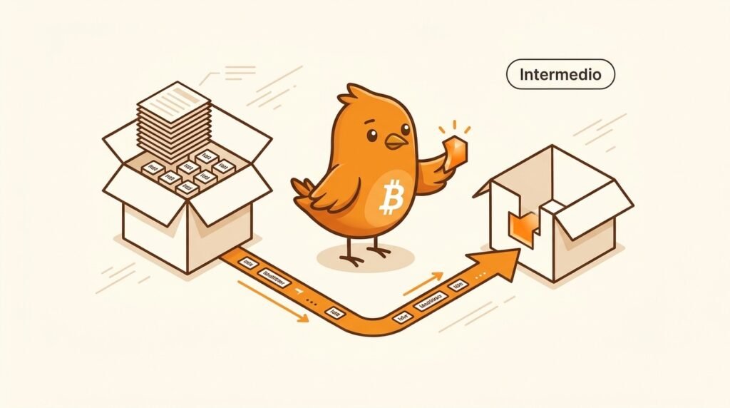 Ilustración vectorial cálida de Pajarito ayudando a dos nodos de Bitcoin a reconstruir un bloque usando identificadores cortos y solicitando solo una transacción ausente.