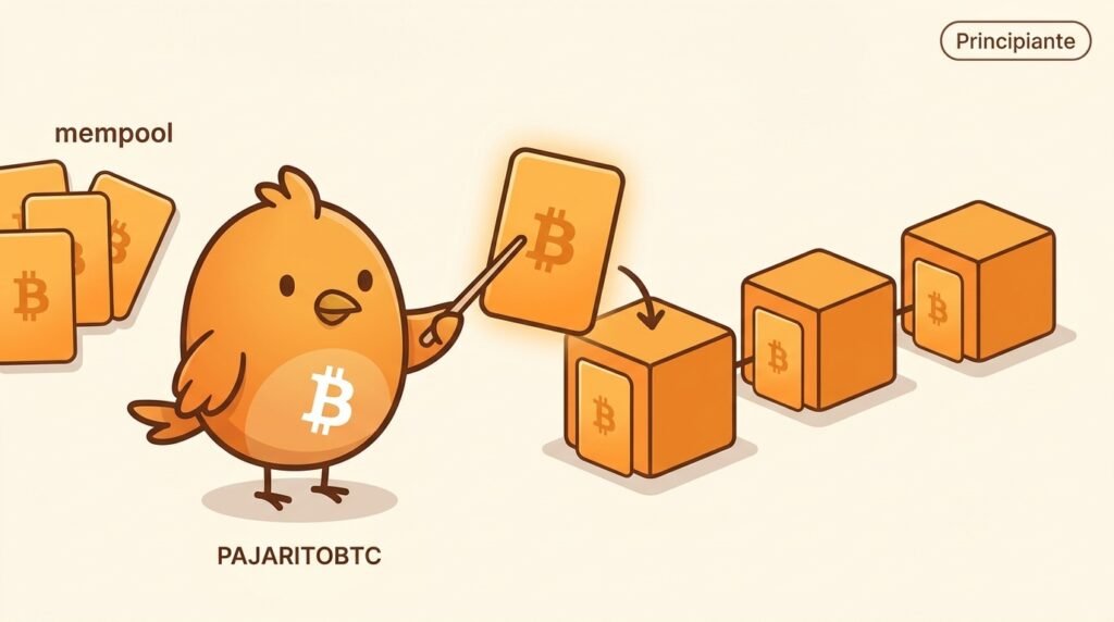 Ilustración vectorial de Pajarito mostrando cómo una transacción de Bitcoin espera en la mempool, entra en un bloque y recibe confirmaciones con los bloques siguientes.